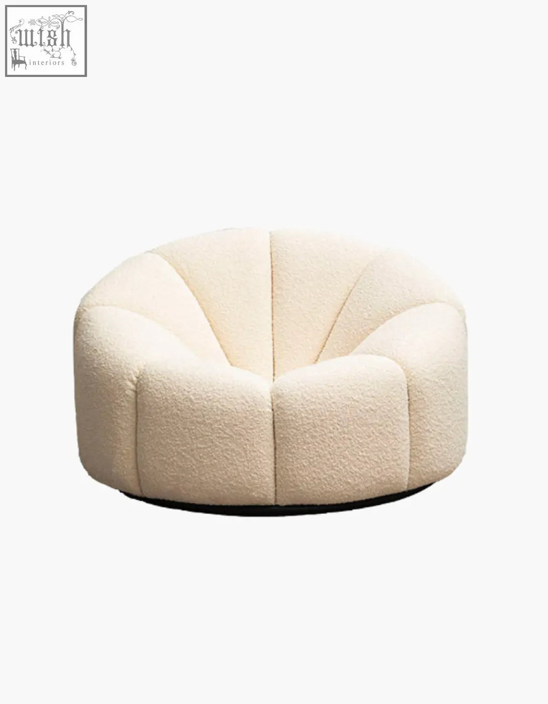 Cream-colored pumpkin round armchair in soft white boucle fabric with plush shell-shaped design and cozy texture