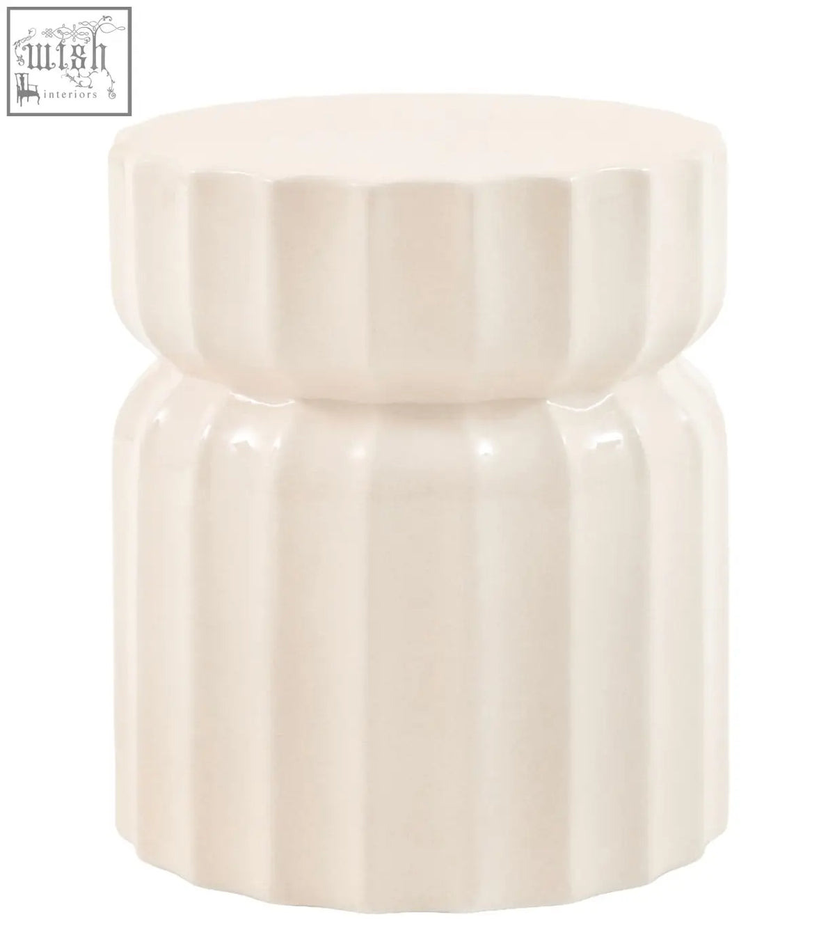 Cream-colored ceramic celino side table with modern ridge pattern and fluted segmented design for modern decor