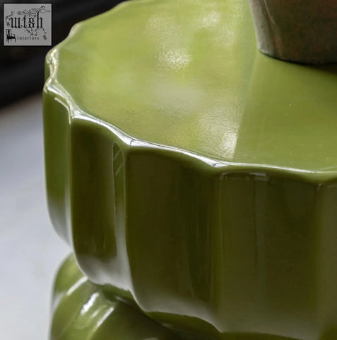Celino side table ceramic stool with glossy green glazed finish and modern ridge pattern on fluted petal rim