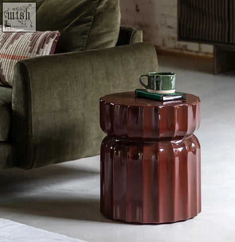 Celino side table glossy deep red ceramic with modern ridge pattern fluted segmented design for modern spaces