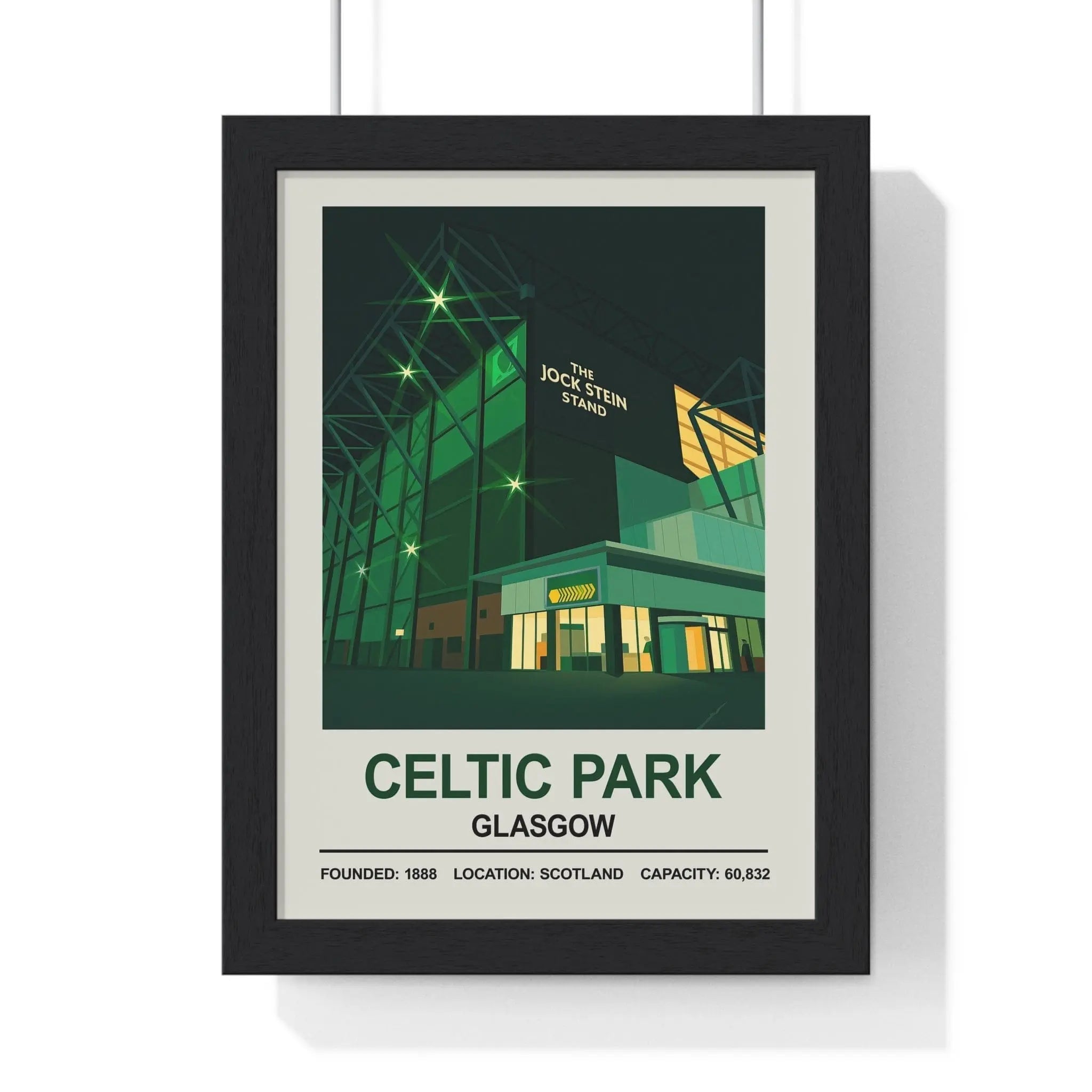 Black-framed celtic park stadium print with stylized green and teal lighting on dark background for celtic park fans