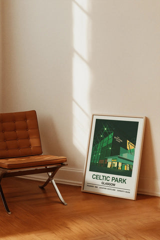 Framed poster of celtic park stadium print with green and white design showcasing park celtic park architecture on dark background