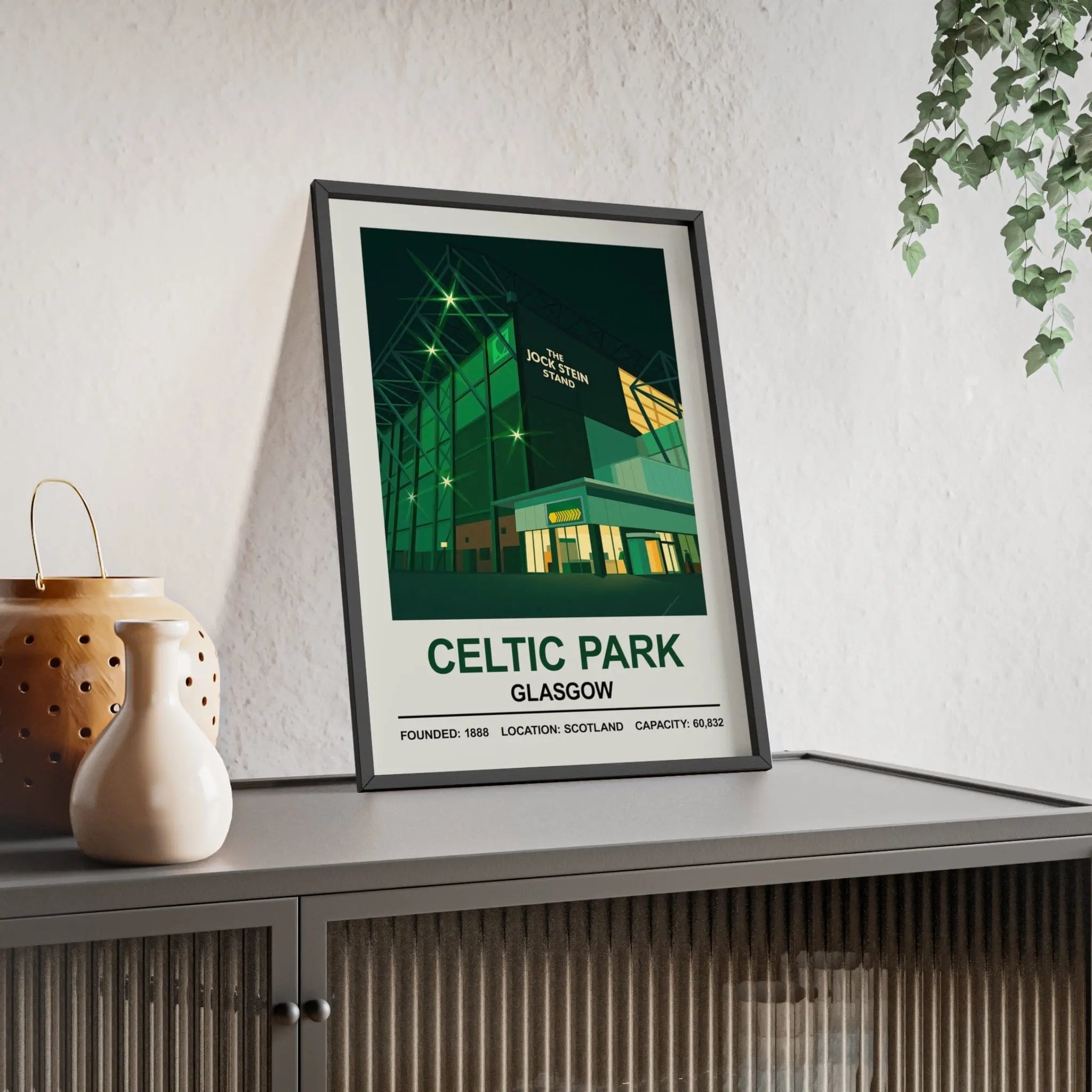 A framed poster print of celtic park in glasgow featuring a stylized green and white celtic park design