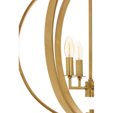 Gold-toned crescent moon shaped antique brass pendant light with three exposed filament bulbs for stylish lighting
