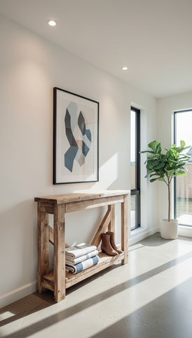 Rustic wooden cera console table with natural finish and v back diagonal support beams for sturdy decor use