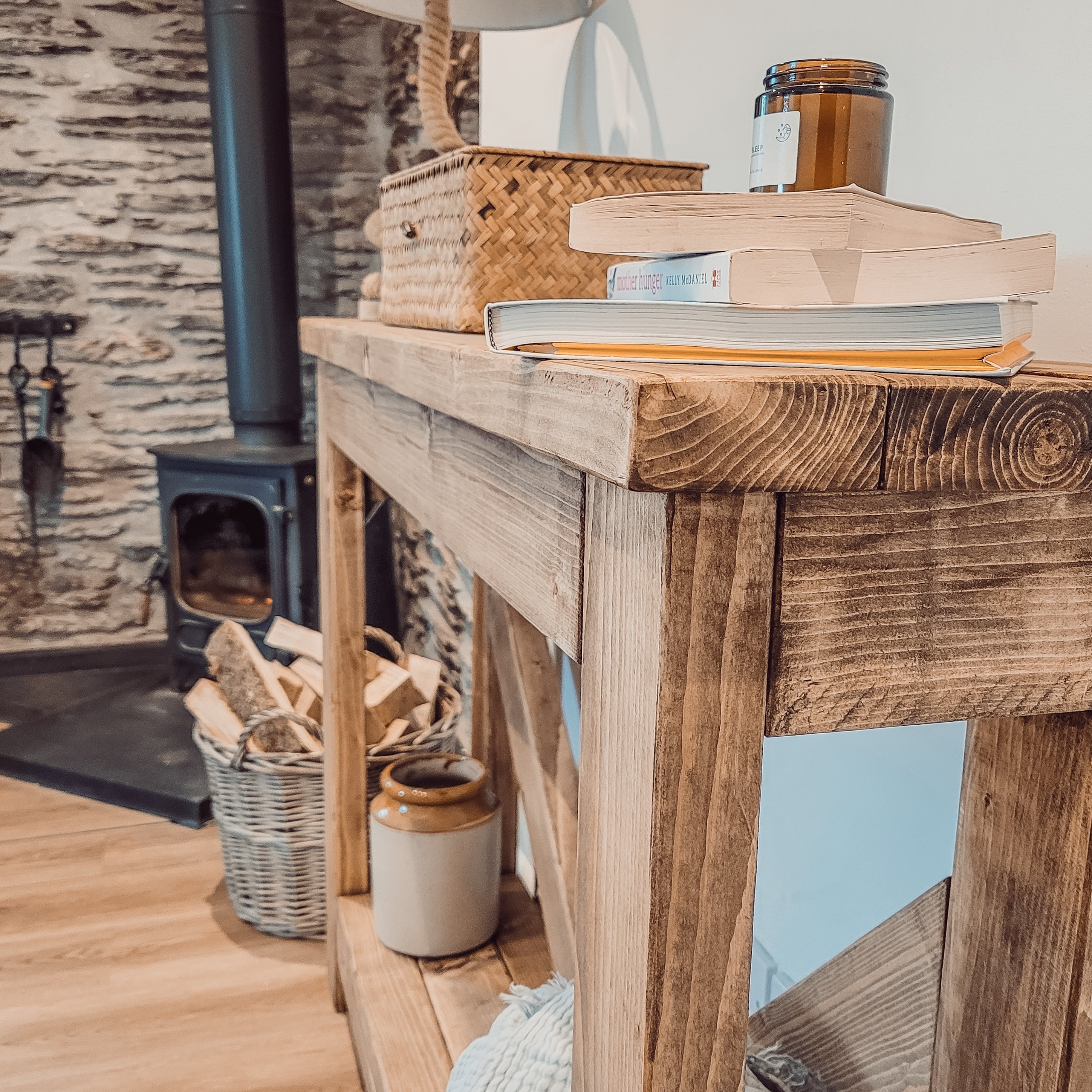Rustic wooden cera console table with v back design featuring natural wood finish and visible grain texture