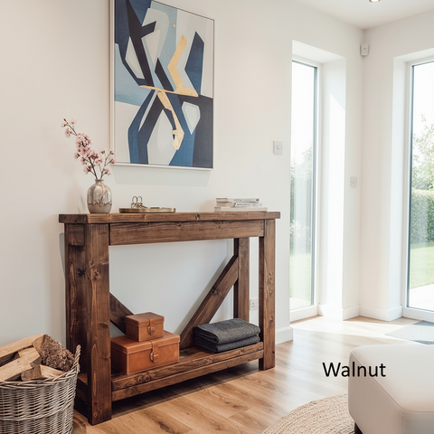 Walnut-finished cera console table with sturdy dark brown wood frame and open shelf design with v back detail