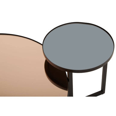 Cercle smoked mirror tier coffee table with circular gray glass top and sleek black metal legs