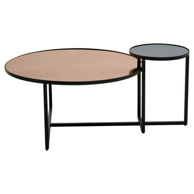 Cercle smoked mirror tier coffee table with two circular tops in rose gold and black glass on matte black metal frames