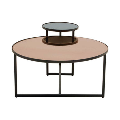 Modern round tier coffee table with copper smoked mirror top and black metal frame featuring center shelf