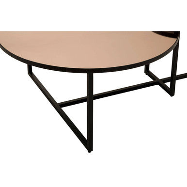 Round tier coffee table with beige smoked mirror top and black metal frame for modern living spaces