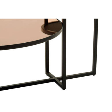 Round tier coffee table with smoked mirror rose gold top and black metal legs ideal for living room use