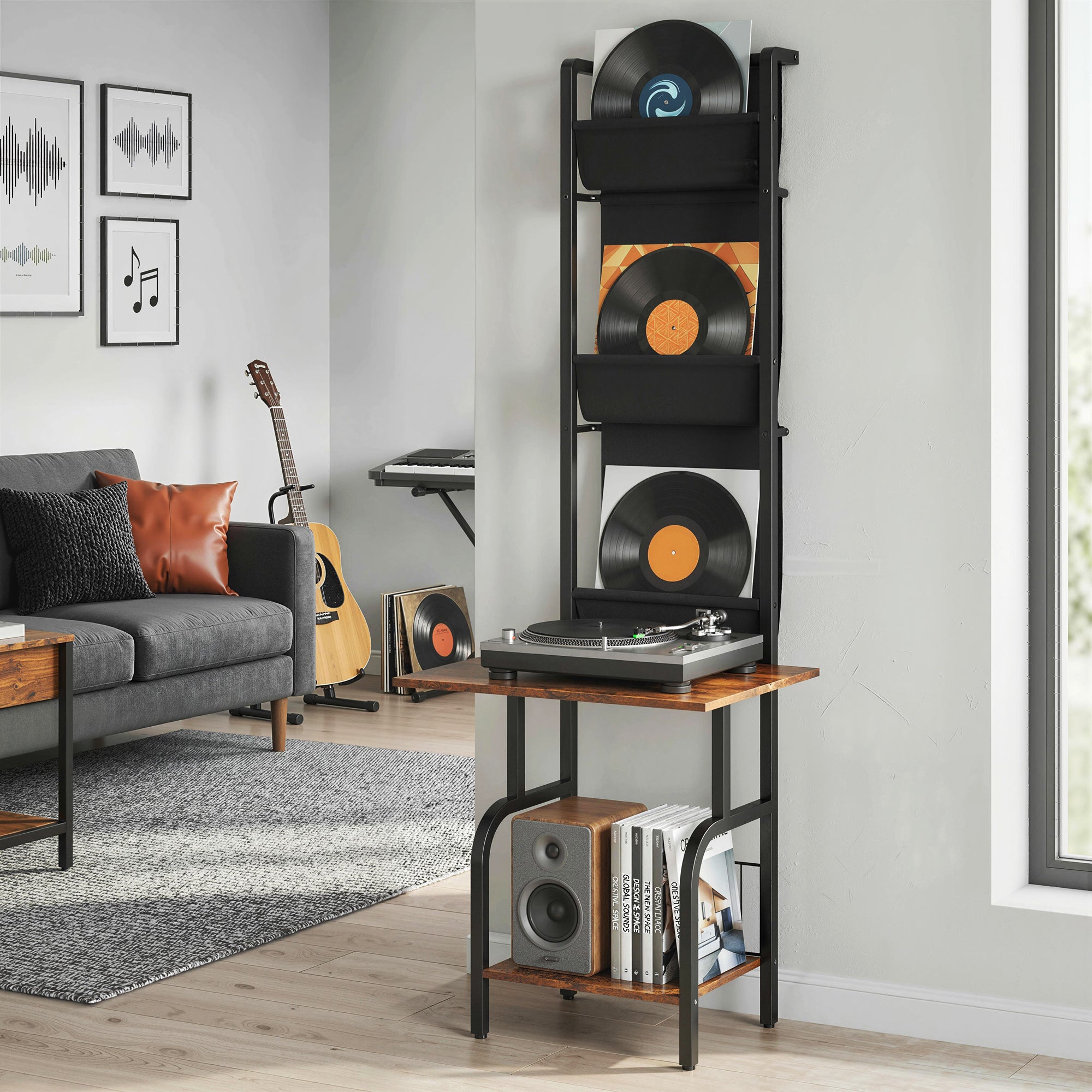 HOMCOM Vinyl Record Player Stand Record Storage with Player Stand Oxford Fabric Pockets Bottom Shelf Rustic Brown and Black