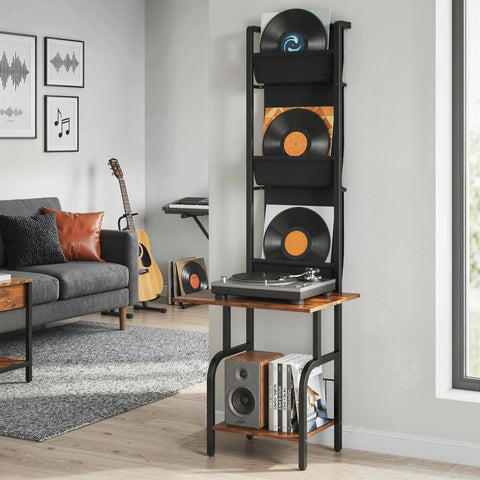 HOMCOM Vinyl Record Player Stand Record Storage with Player Stand Oxford Fabric Pockets Bottom Shelf Rustic Brown and Black