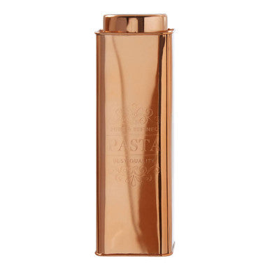 Chai square copper finish rectangular pasta tin with embossed branding and decorative flourishes in copper finish pasta design