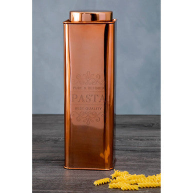 Chai square copper rectangular pasta canister with embossed pasta text and copper finish for stylish storage