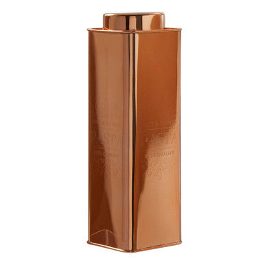 Copper finish pasta canister chai square copper rectangular tin with matching lid and embossed branding on side