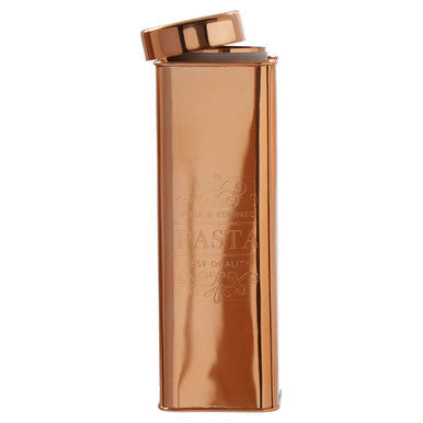 Chai square copper finish rectangular pasta canister with hinged lid and embossed pasta branding in copper color