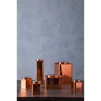 Chai square copper finish pasta canister with rectangular and cylindrical copper finish metal containers with reflective surfaces