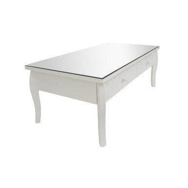 Chamonix white coffee table with mirrored top and curved legs featuring drawers for stylish storage
