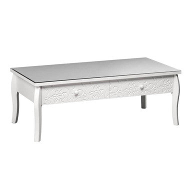 Chamonix white coffee table with drawers features a mirrored top and ornate carved drawers for stylish storage