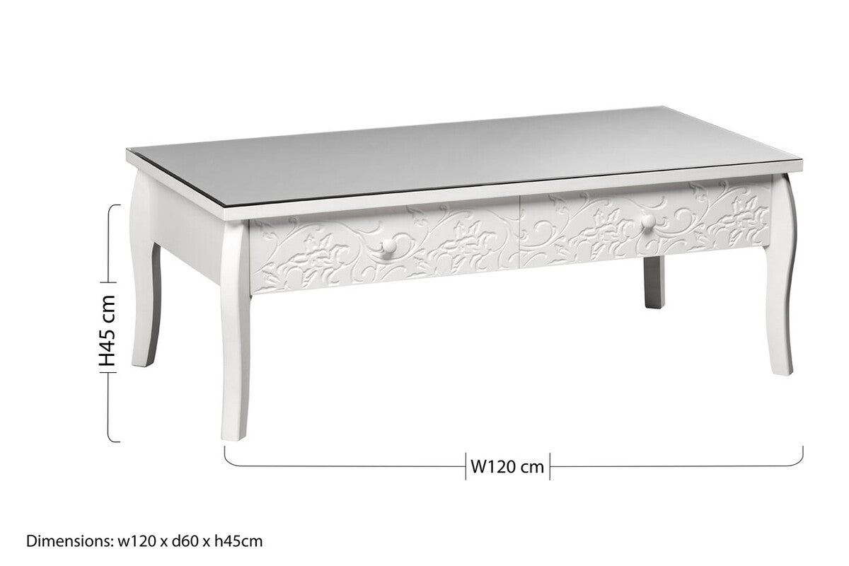 Chamonix white coffee table with drawers featuring a mirrored top and ornate floral carvings on white coffee material