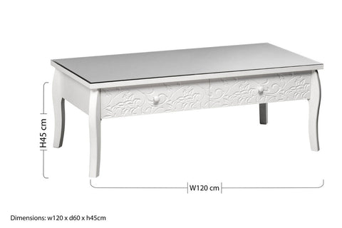 Chamonix white coffee table with drawers featuring a mirrored top and ornate floral carvings on white coffee material