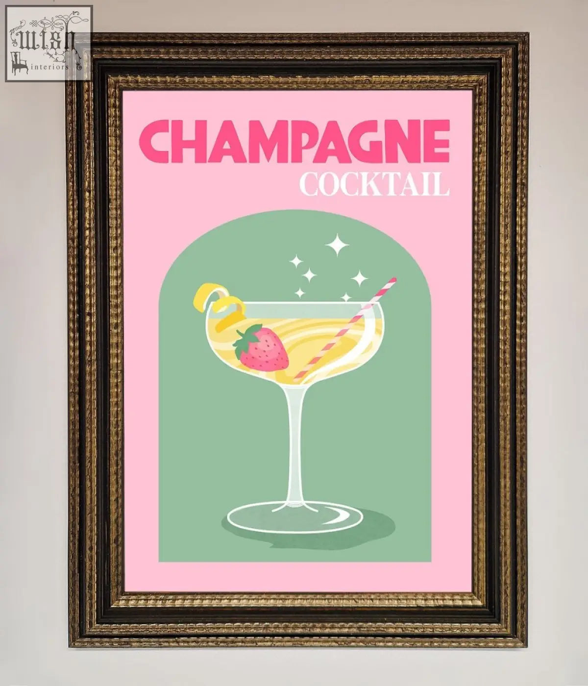 A champagne cocktail framed poster with a stylized coupe glass illustration garnished with strawberry and lemon twist on pink