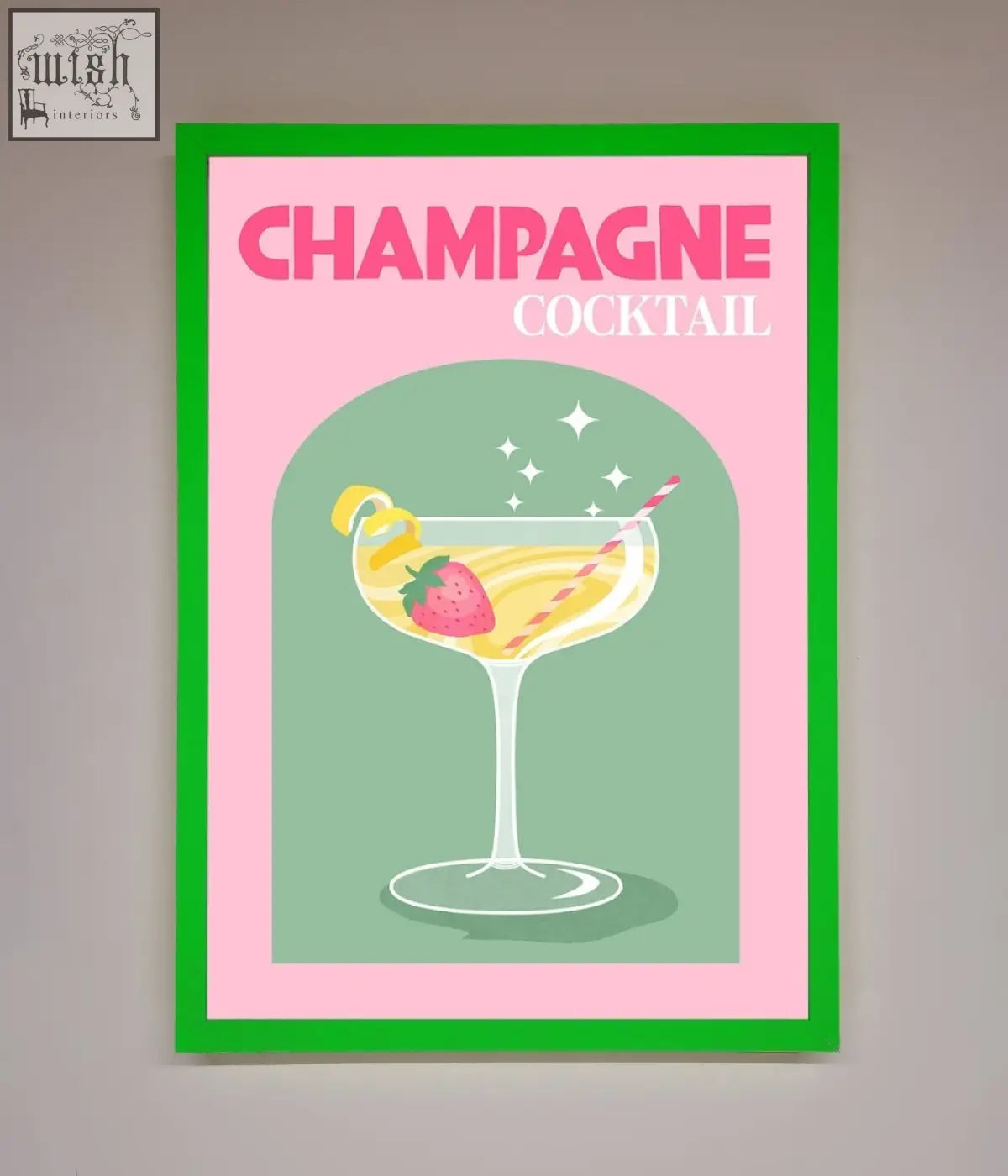 A vibrant pink and green champagne cocktail framed poster featuring a stylized martini glass with strawberry and lemon twist