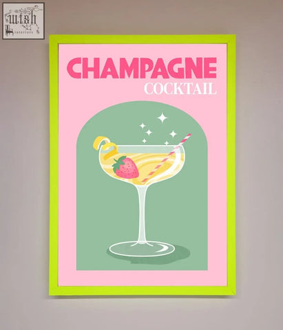 A vibrant pink and lime green champagne cocktail framed poster featuring a coupe glass with strawberry and lemon twist