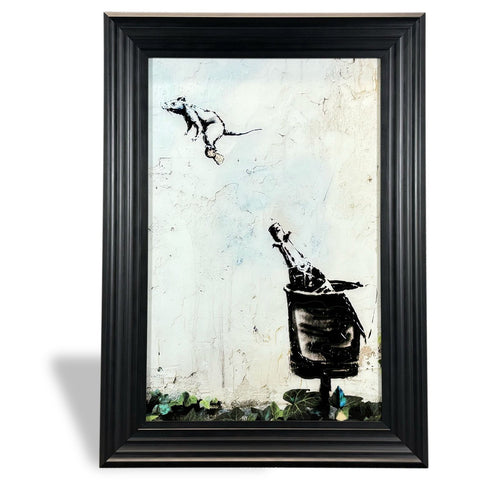 Black-framed street art featuring textured white and black paint of a rat leaping toward a champagne bottle champagne shenanigans