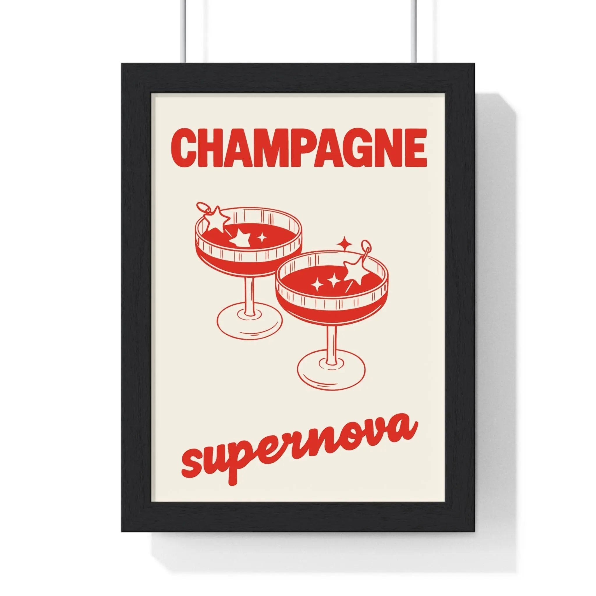 Black-framed champagne supernova poster with oasis inspired retro red champagne cocktails on off-white background