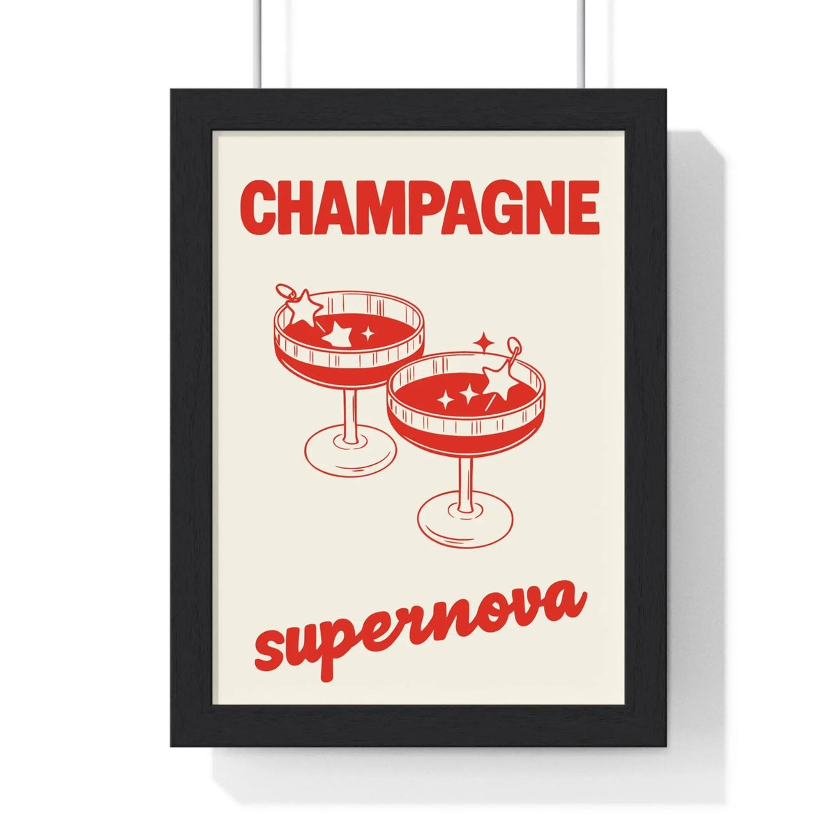 Black-framed champagne supernova poster with oasis inspired retro red champagne cocktails on off-white background