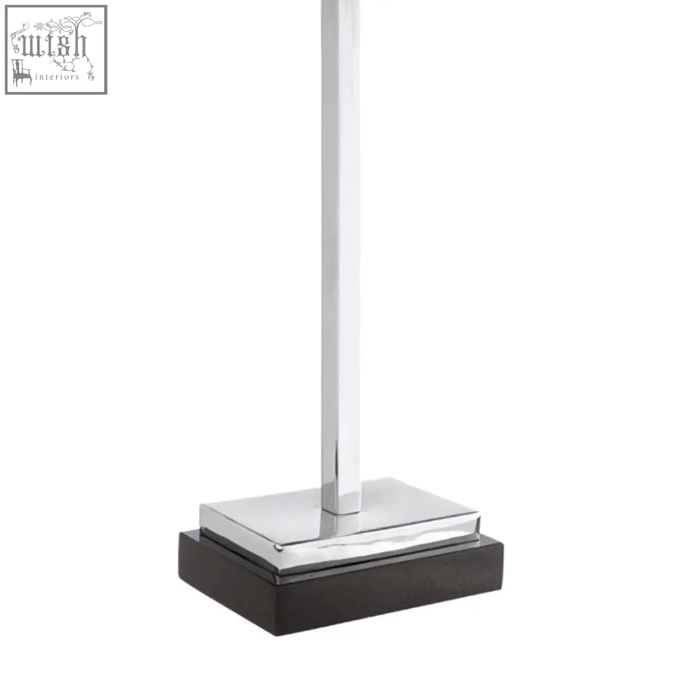 Chrome finished rectangular chancel lamp base with sleek dark wood base and black marble accents