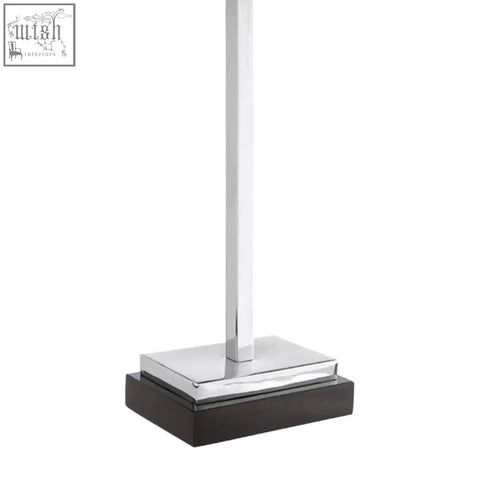 Chrome finished rectangular chancel lamp base with sleek dark wood base and black marble accents