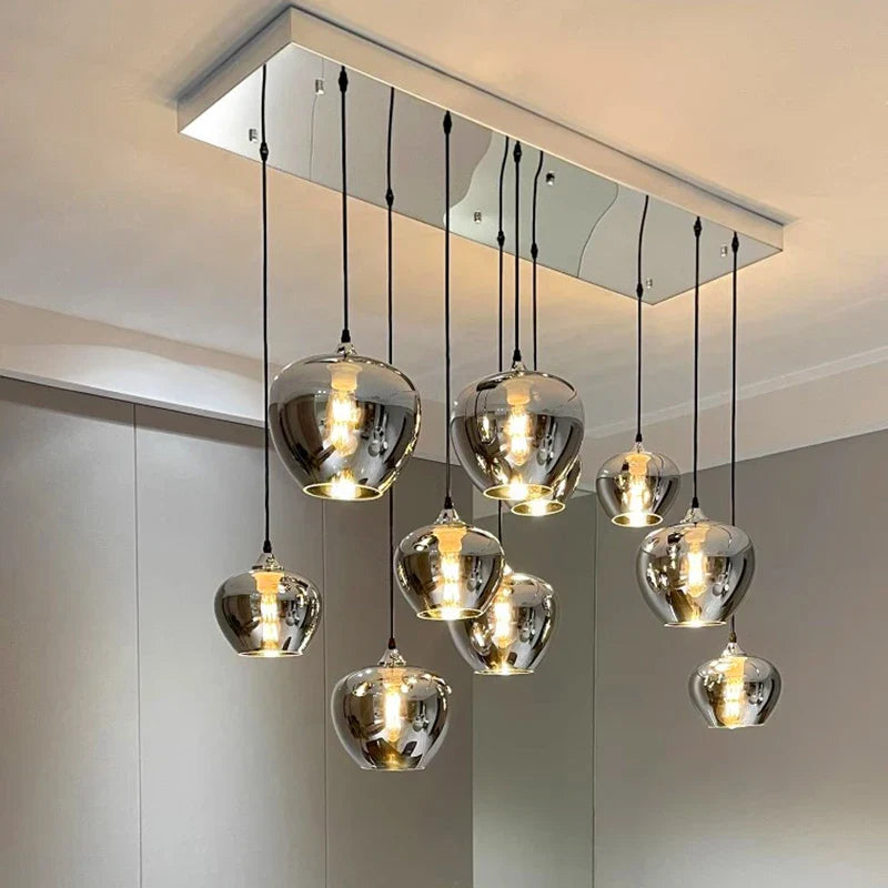 Modern chrome-finished glass pendant lights with sleek rectangular ceiling mount for dining room with warm white and remote control
