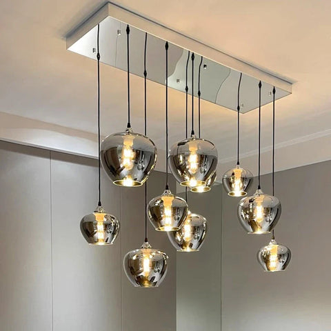 Modern chrome-finished glass pendant lights with sleek rectangular ceiling mount for dining room with warm white and remote control