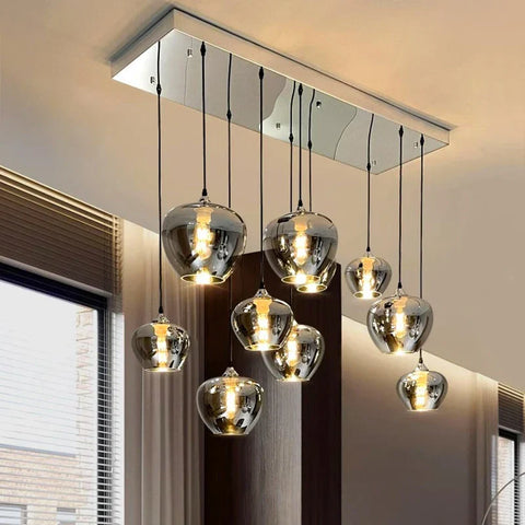 Modern chrome-finished glass pendant lights with sleek rectangular fixture for dining room with warm white and remote control