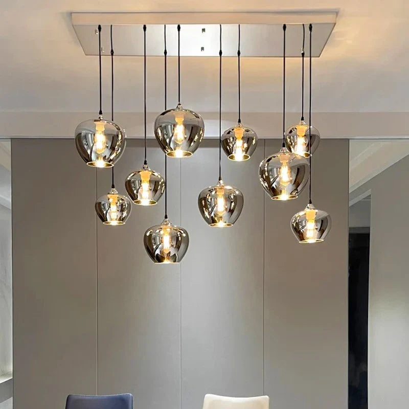 Modern chrome-finished glass pendant lights with warm white glowing bulbs for dining room remote control lighting fixture