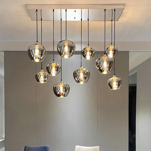Modern chrome-finished glass pendant lights with warm white glowing bulbs for dining room remote control lighting fixture