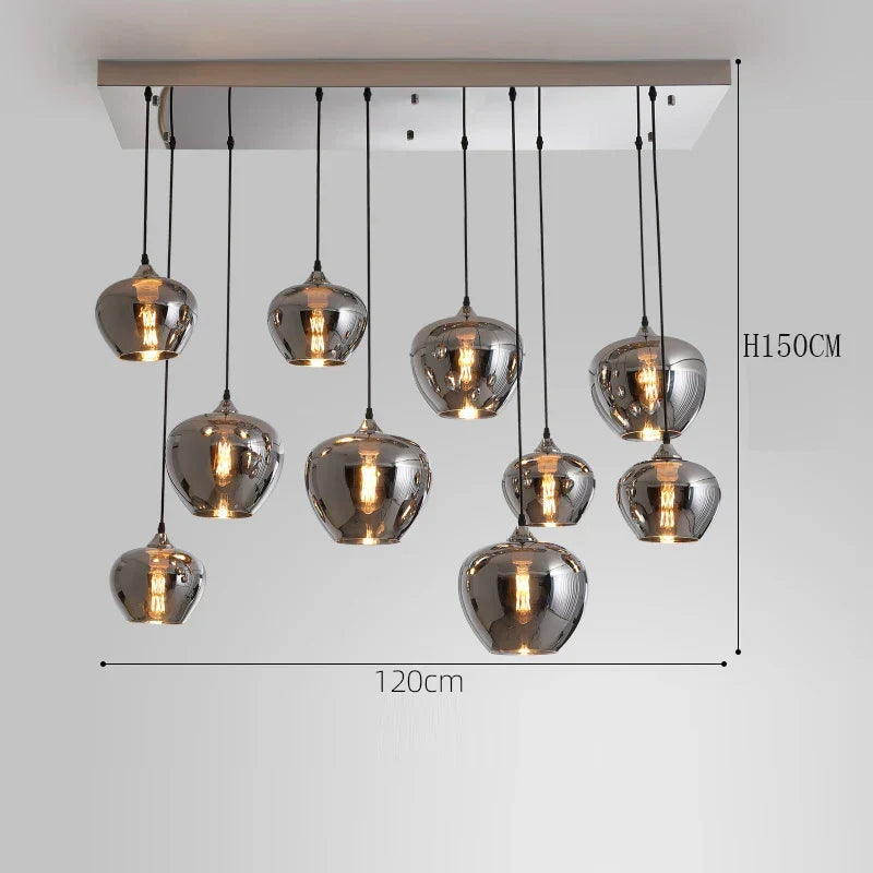 Modern chrome chandelier pendant lights with glass spherical shades and remote control for warm white and cold white lighting