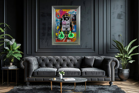 A vibrant framed graffiti-style artwork titled change the rules showing a black-and-white figure with green neon dollar signs and colorful background