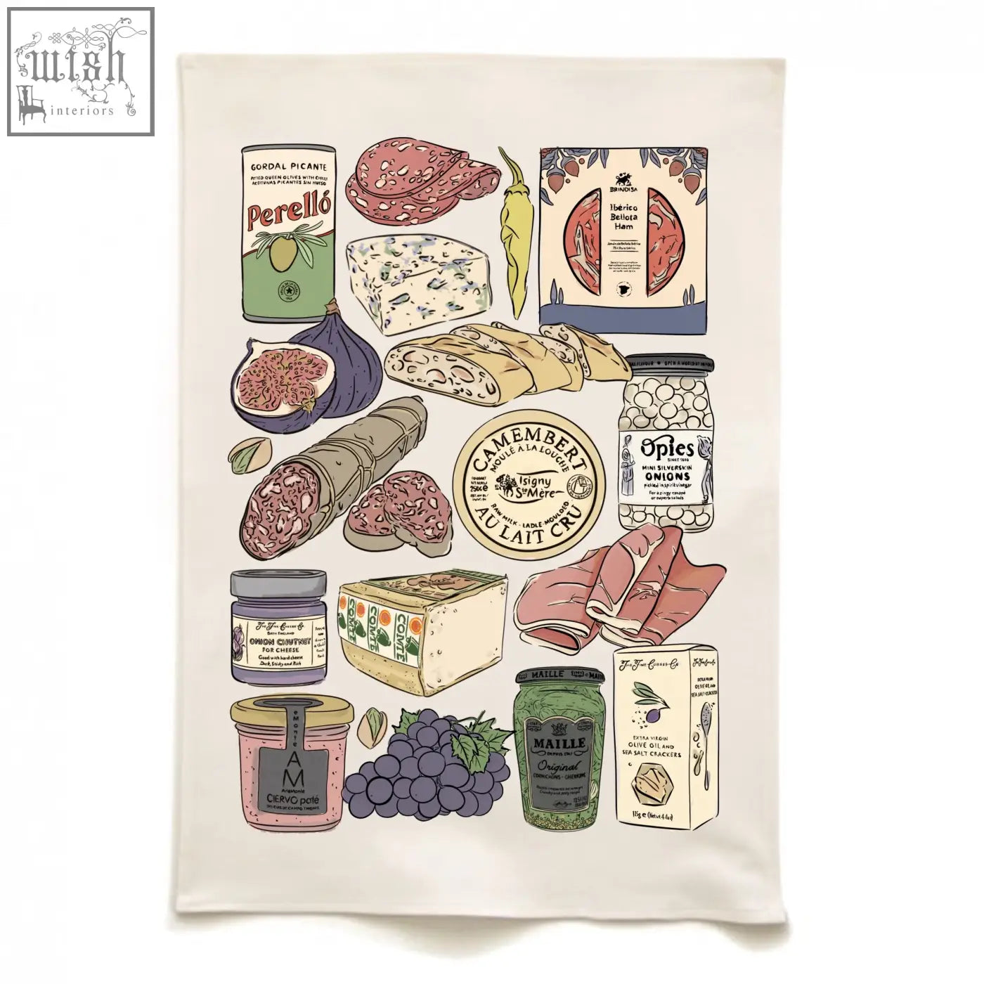 Cream-colored charcuterie tea towel with colorful french cheese meats and produce illustration for kitchen use