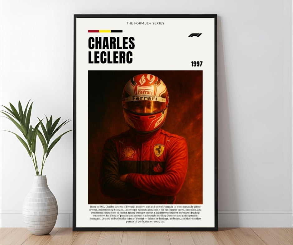 Black-framed charles leclerc poster featuring his 1997 ferrari helmet and red team suit for formula 1 fans