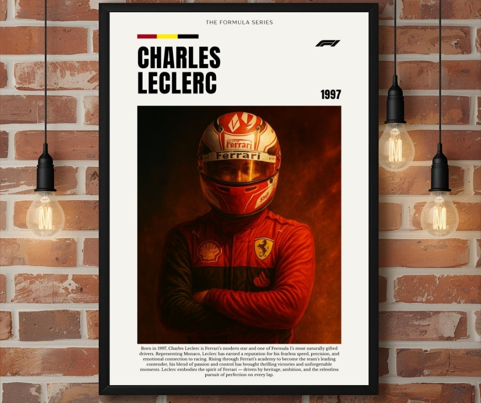 Charles leclerc poster featuring a formula 1 racing helmet with red and white design and ferrari logo on front