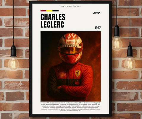 Charles leclerc poster featuring a formula 1 racing helmet with red and white design and ferrari logo on front