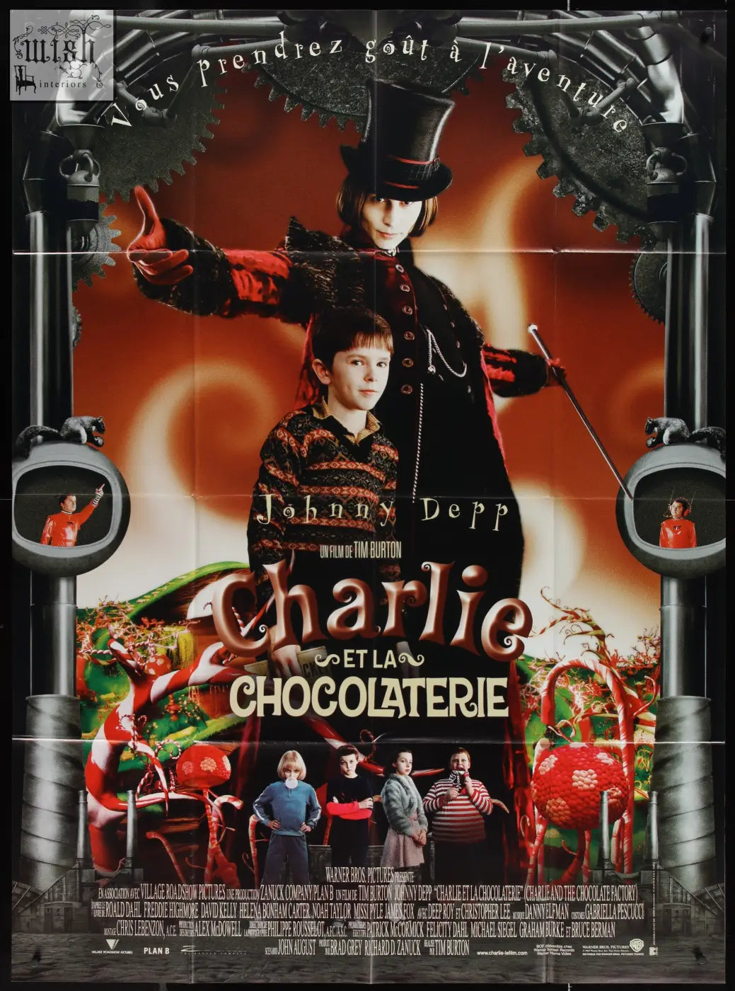 Vibrant red and gold original french movie poster for charlie and the chocolate factory featuring johnny depp