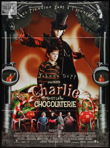 Vibrant red and gold original french movie poster for charlie and the chocolate factory featuring johnny depp