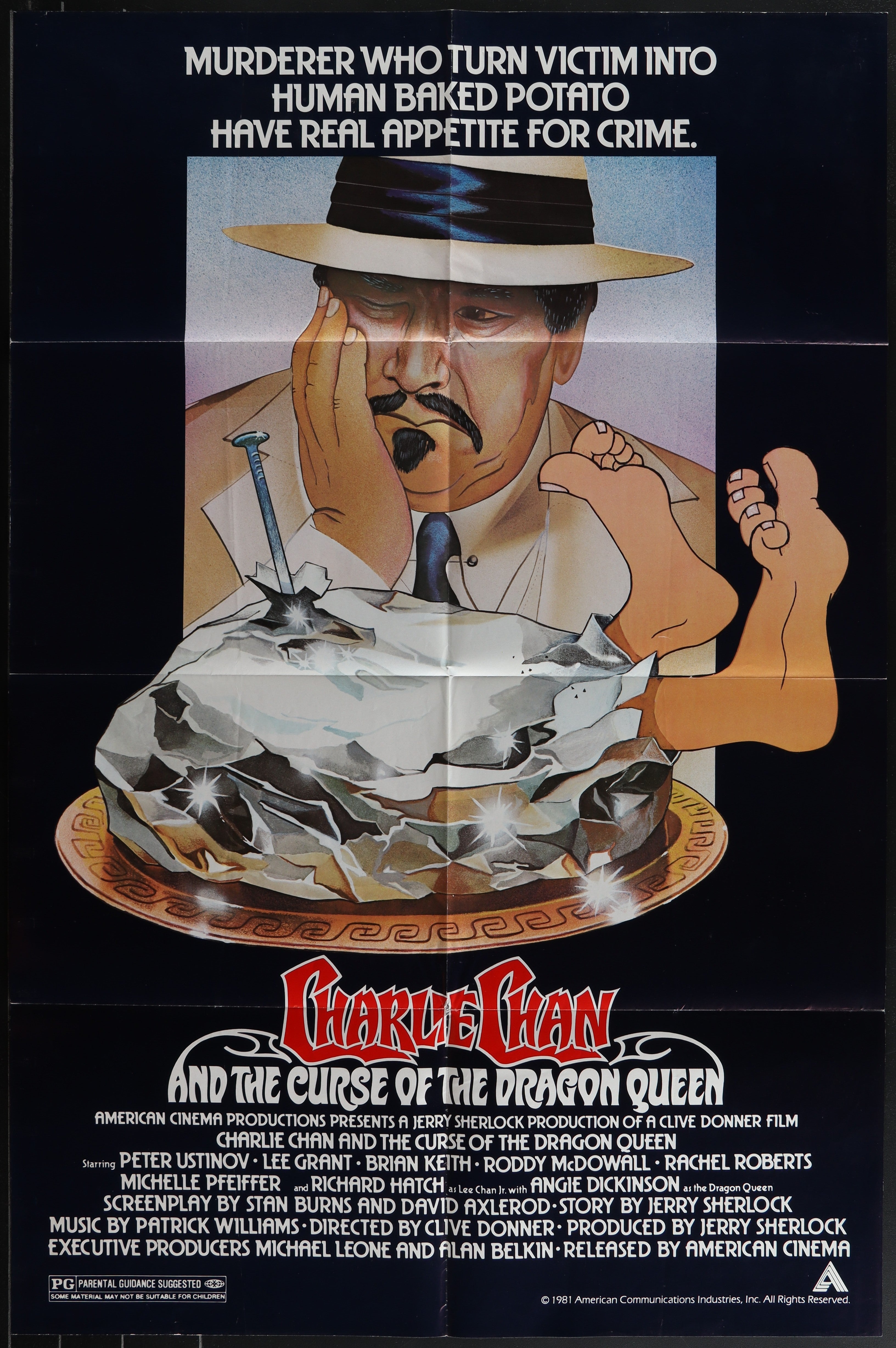 A man in a white shirt blue tie and black and white fedora on the charlie chan and the curse of the dragon queen movie poster
