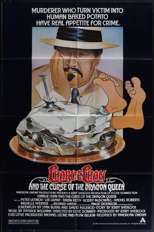 A man in a white shirt blue tie and black and white fedora on the charlie chan and the curse of the dragon queen movie poster